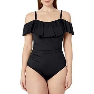 La Blanca Tummy Control Black Ruffled Bandeau One Piece Swimsuit Size 22W NWT